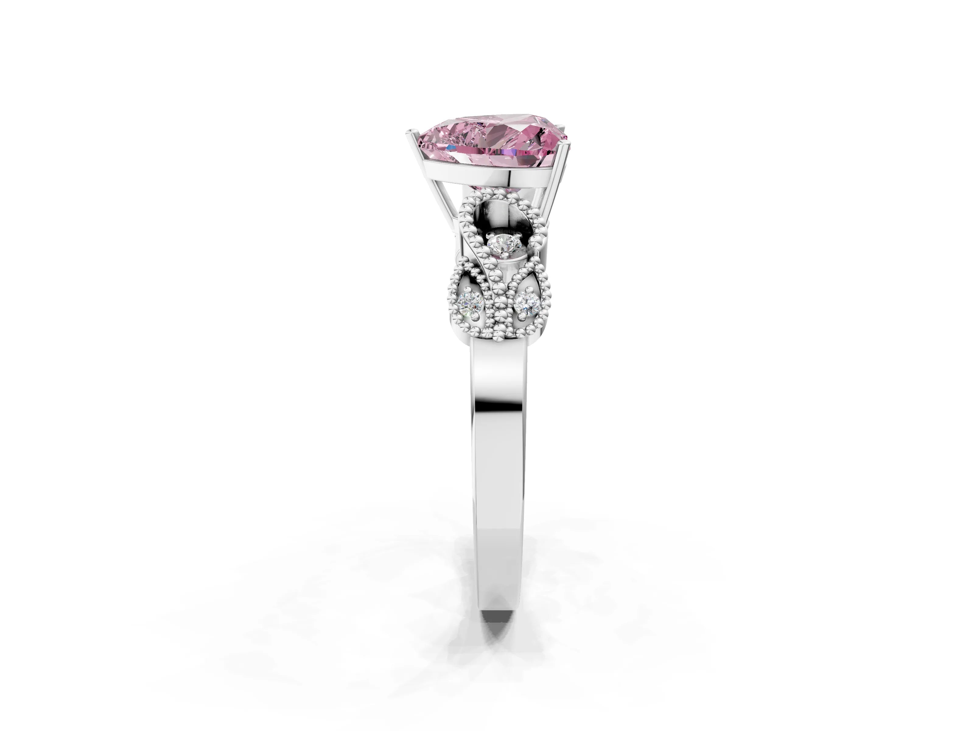 White gold Fancy Pink Heart Cut Solitaire Milgrain Leaf Band with Prong Setting_2