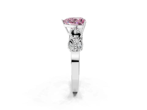 White gold Fancy Pink Heart Cut Solitaire Milgrain Leaf Band with Prong Setting_2