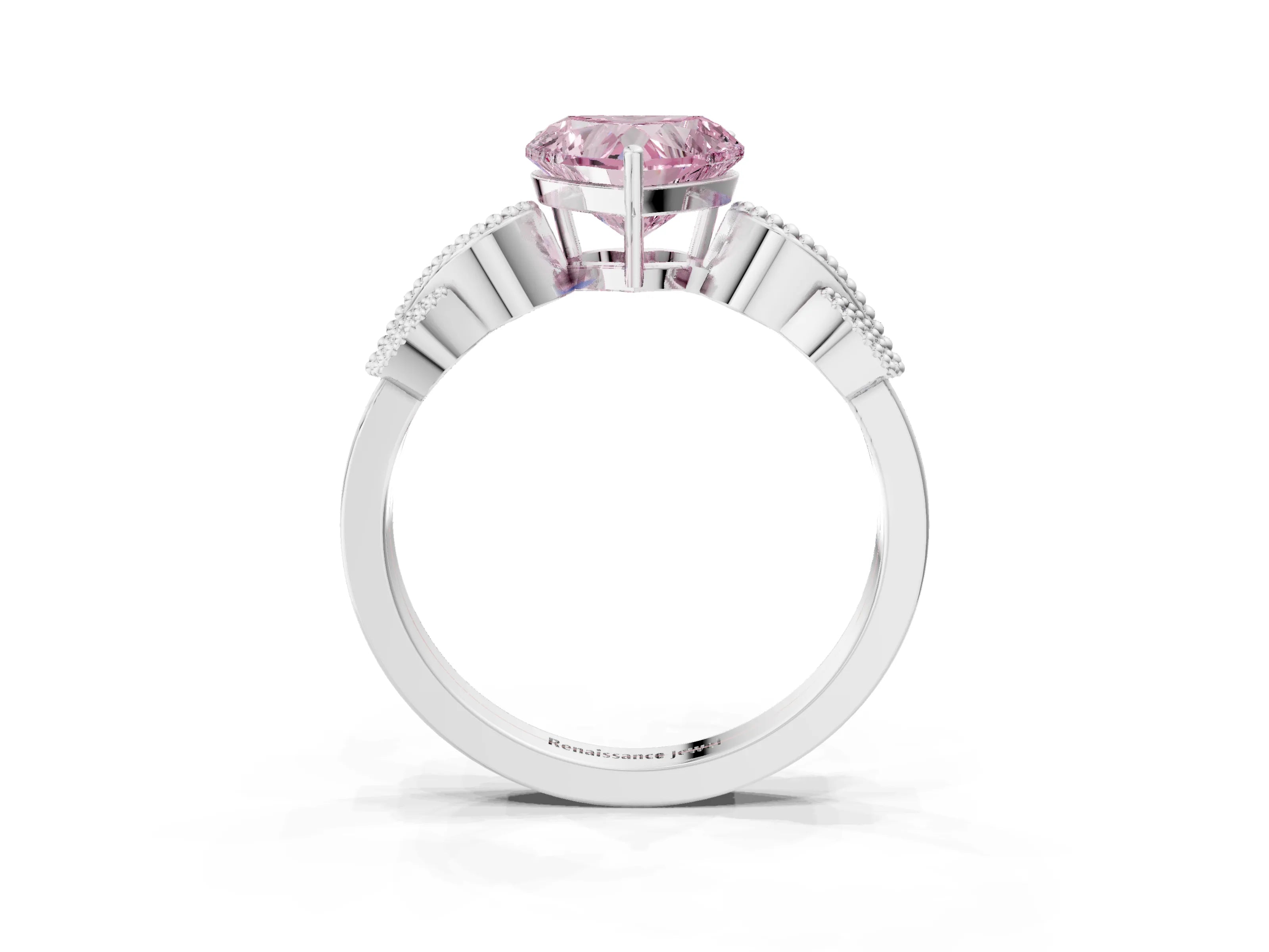White gold Fancy Pink Heart Cut Solitaire Milgrain Leaf Band with Prong Setting_3