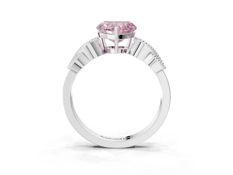 White gold Fancy Pink Heart Cut Solitaire Milgrain Leaf Band with Prong Setting_3
