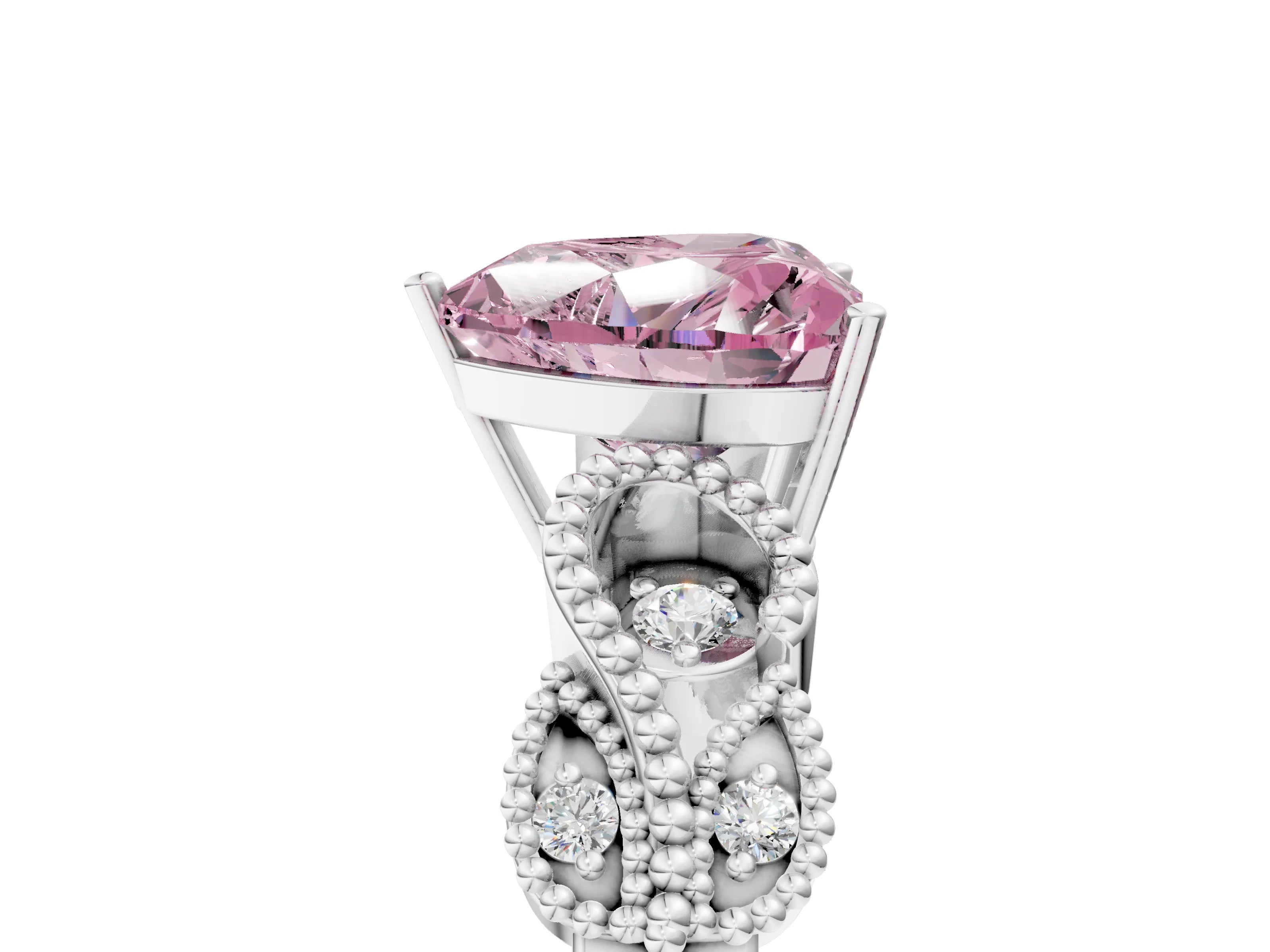 White gold Fancy Pink Heart Cut Solitaire Milgrain Leaf Band with Prong Setting_5
