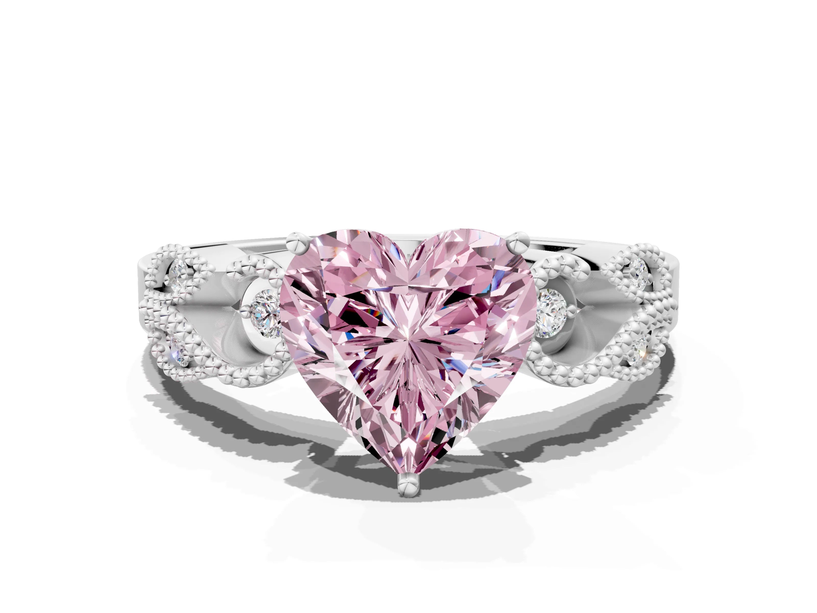 White gold Fancy Pink Heart Cut Solitaire Milgrain Leaf Band with Prong Setting
