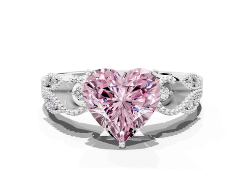 White gold Fancy Pink Heart Cut Solitaire Milgrain Leaf Band with Prong Setting