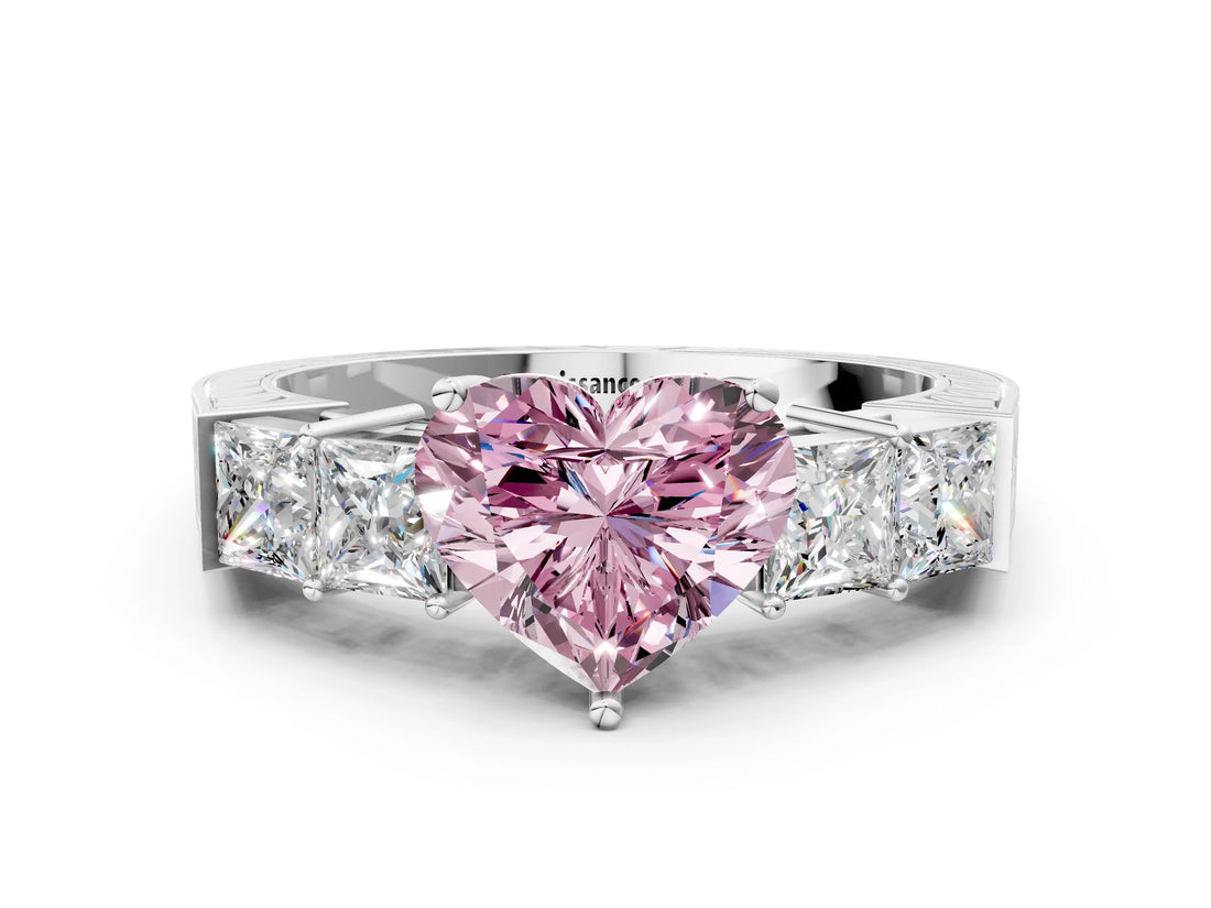 White gold Fancy Pink Heart Cut Solitaire Princess Side Stone Engraved Band Prong Setting Ring_12