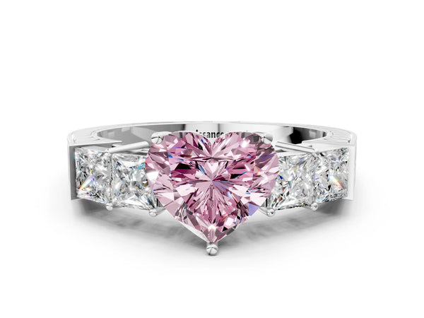 Platinum Fancy Pink Heart Cut Solitaire Princess Side Stone Engraved Band Prong Setting Ring