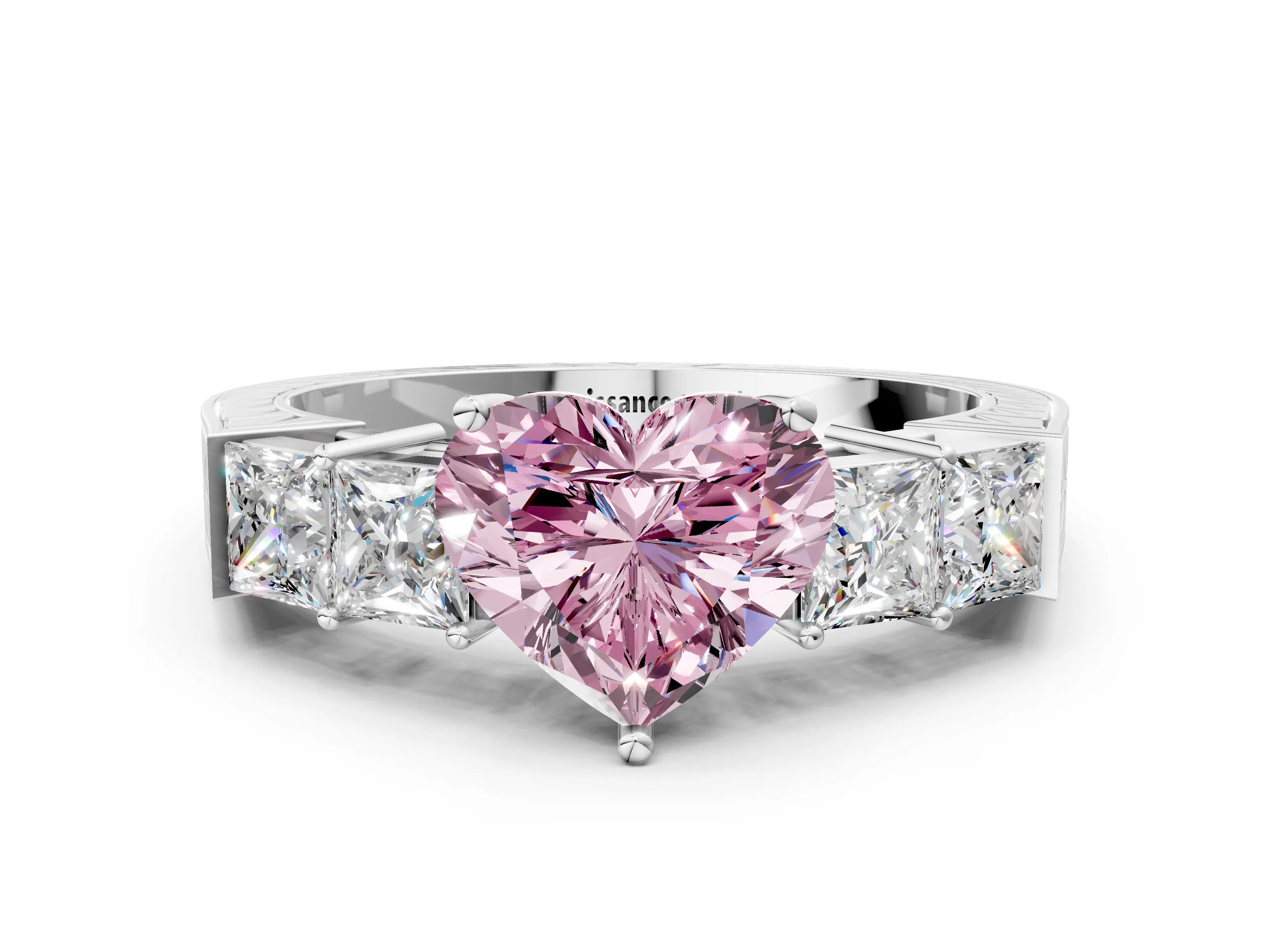 White gold Fancy Pink Heart Cut Solitaire Princess Side Stone Engraved Band Prong Setting Ring_12