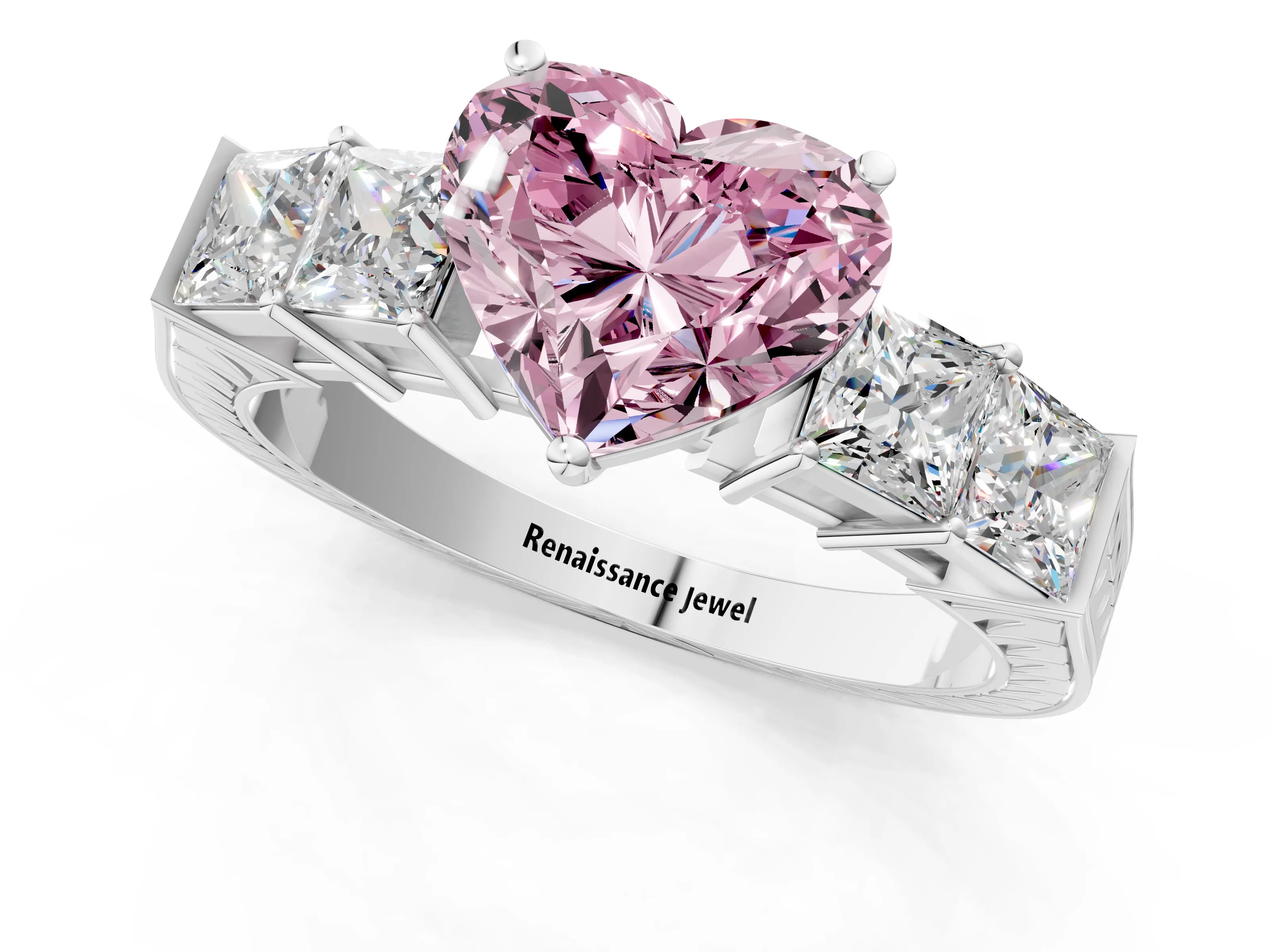 White gold Fancy Pink Heart Cut Solitaire Princess Side Stone Engraved Band Prong Setting Ring_13