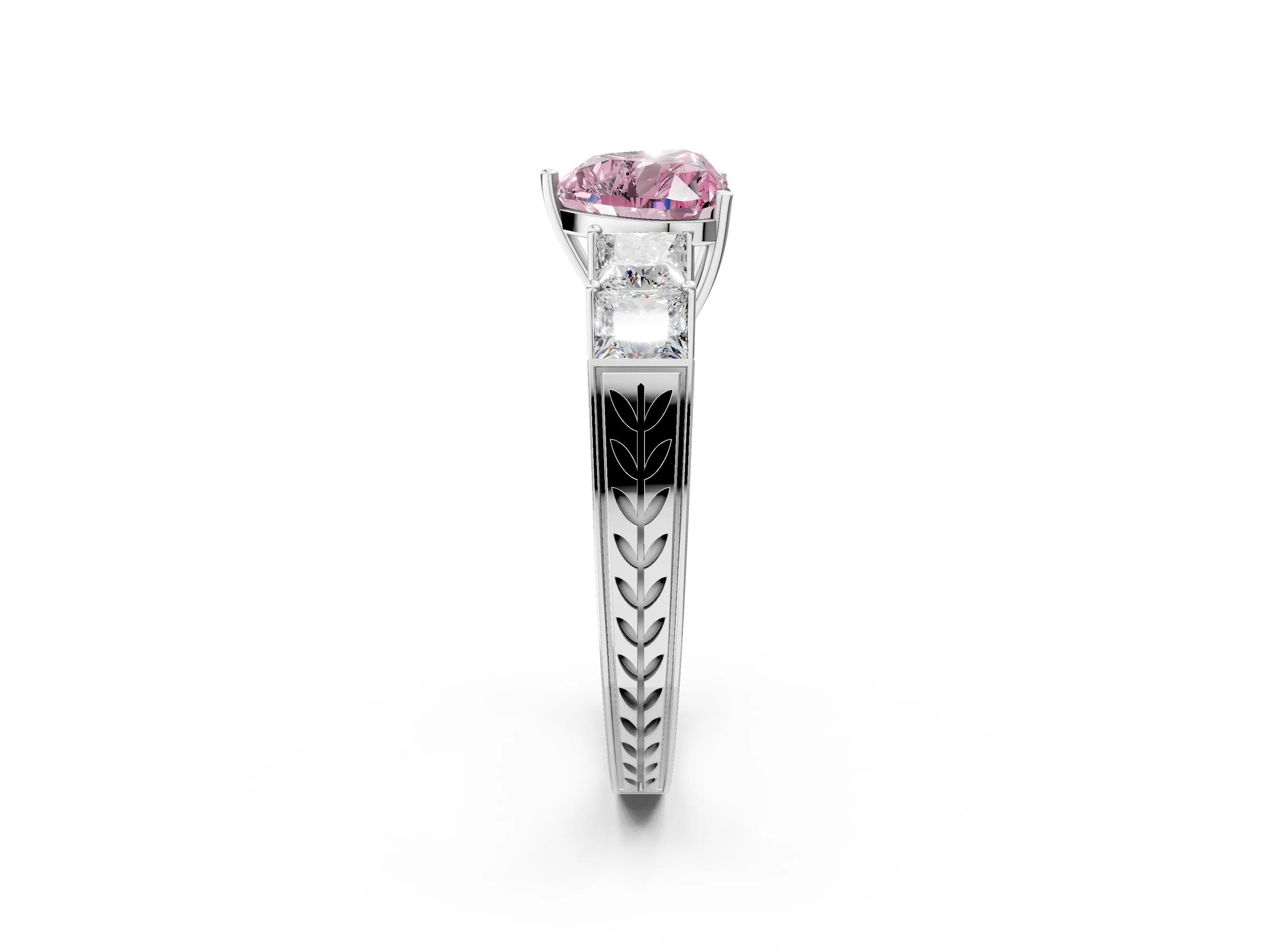 White gold Fancy Pink Heart Cut Solitaire Princess Side Stone Engraved Band Prong Setting Ring_14