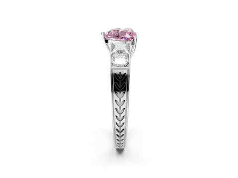 White gold Fancy Pink Heart Cut Solitaire Princess Side Stone Engraved Band Prong Setting Ring_14