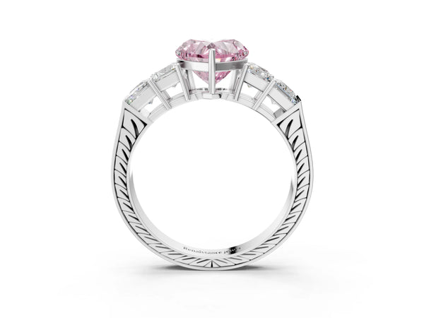 Platinum Fancy Pink Heart Cut Solitaire Princess Side Stone Engraved Band Prong Setting Ring