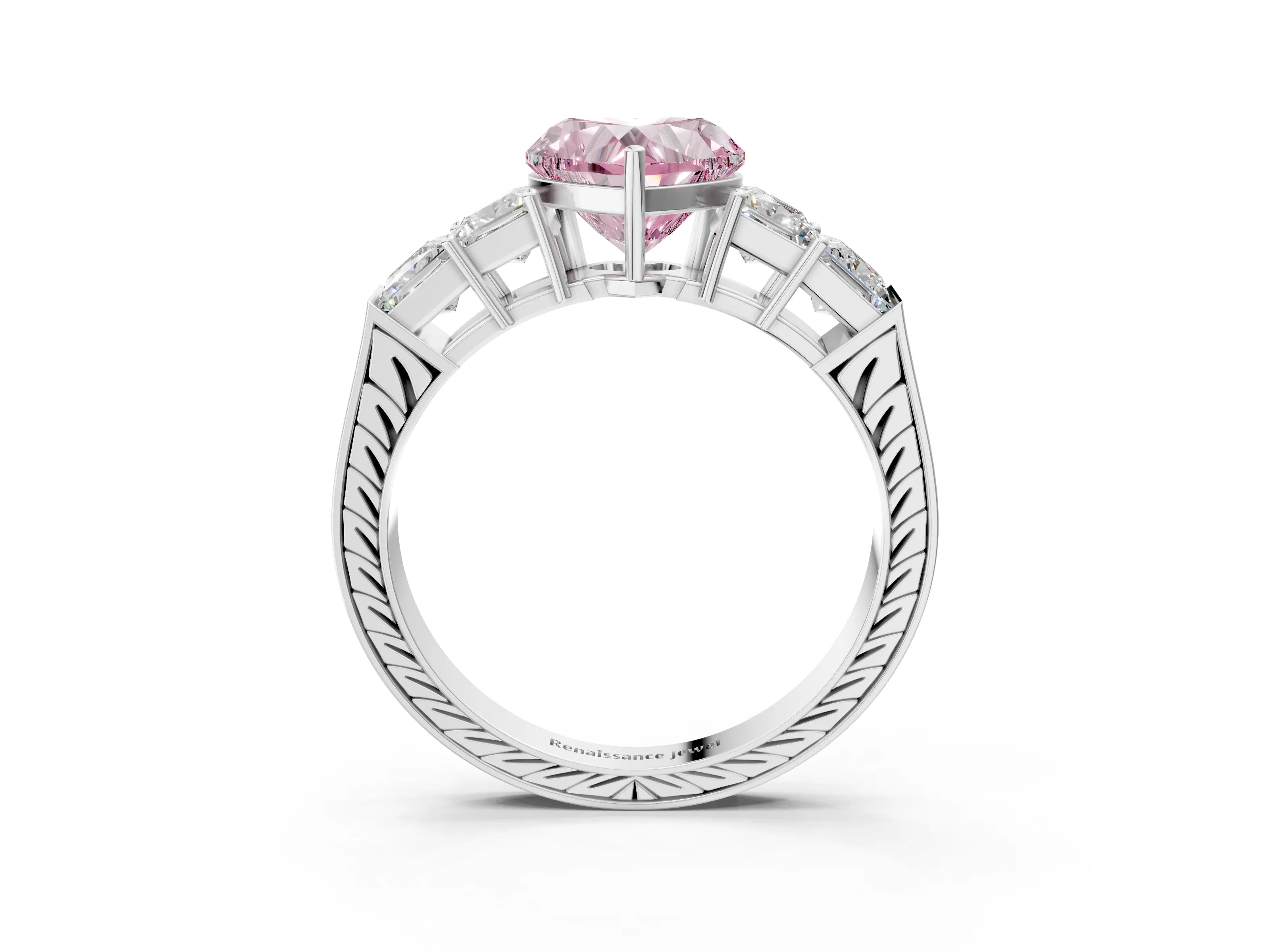 White gold Fancy Pink Heart Cut Solitaire Princess Side Stone Engraved Band Prong Setting Ring_15