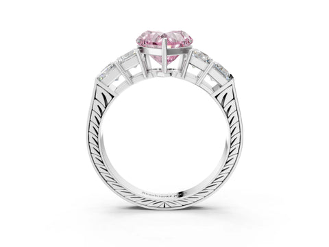 White gold Fancy Pink Heart Cut Solitaire Princess Side Stone Engraved Band Prong Setting Ring_15