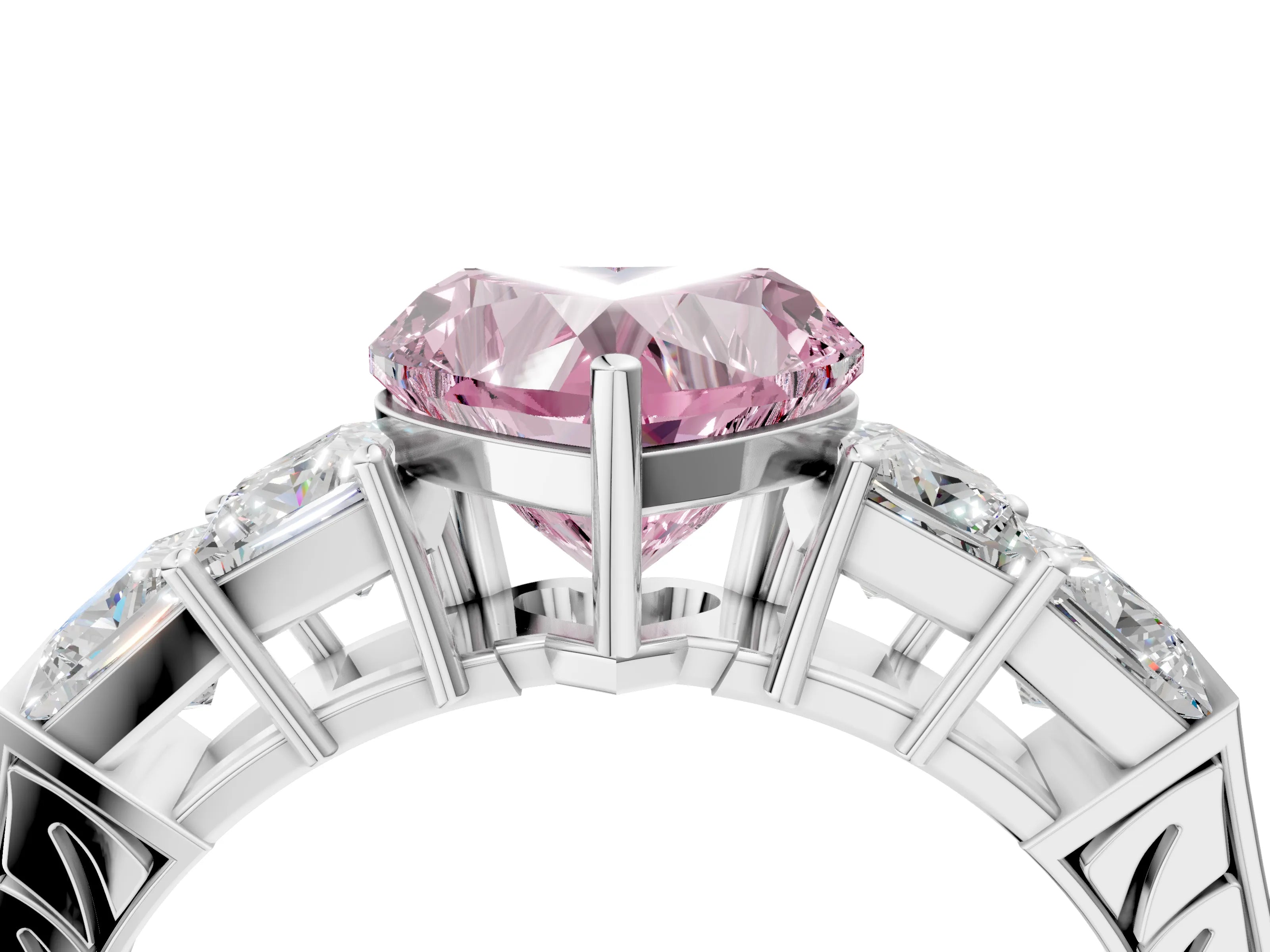 White gold Fancy Pink Heart Cut Solitaire Princess Side Stone Engraved Band Prong Setting Ring_16