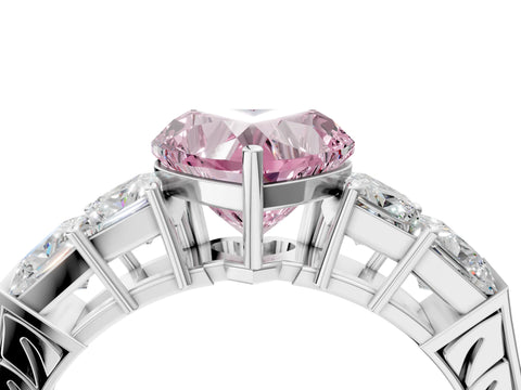 White gold Fancy Pink Heart Cut Solitaire Princess Side Stone Engraved Band Prong Setting Ring_16