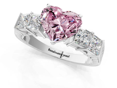 White gold Fancy Pink Heart Cut Solitaire Princess Side Stone Engraved Band Prong Setting Ring_1