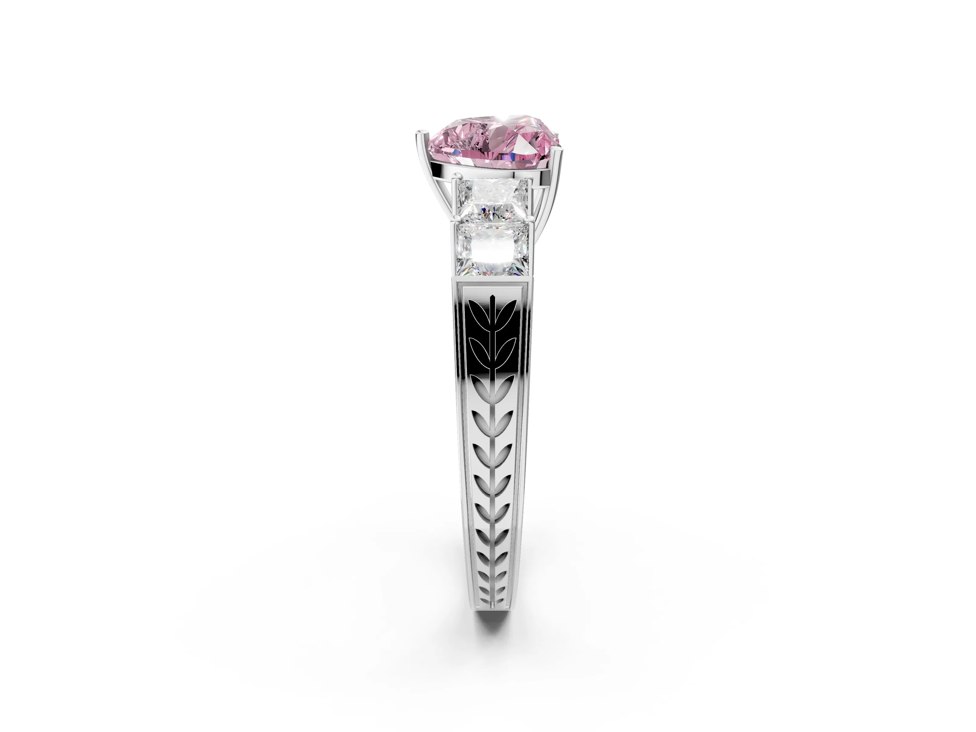 White gold Fancy Pink Heart Cut Solitaire Princess Side Stone Engraved Band Prong Setting Ring_2