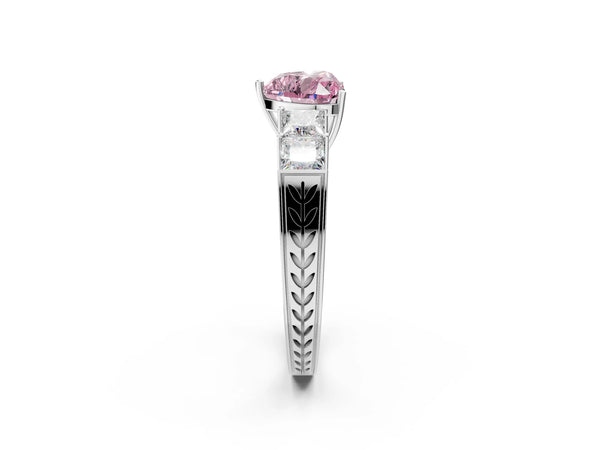 Platinum Fancy Pink Heart Cut Solitaire Princess Side Stone Engraved Band Prong Setting Ring