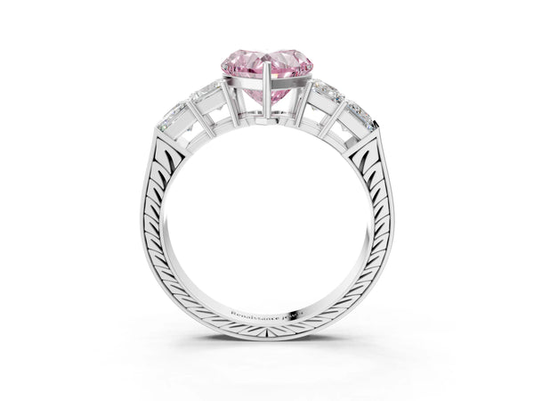 Platinum Fancy Pink Heart Cut Solitaire Princess Side Stone Engraved Band Prong Setting Ring
