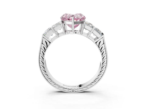 White gold Fancy Pink Heart Cut Solitaire Princess Side Stone Engraved Band Prong Setting Ring_3