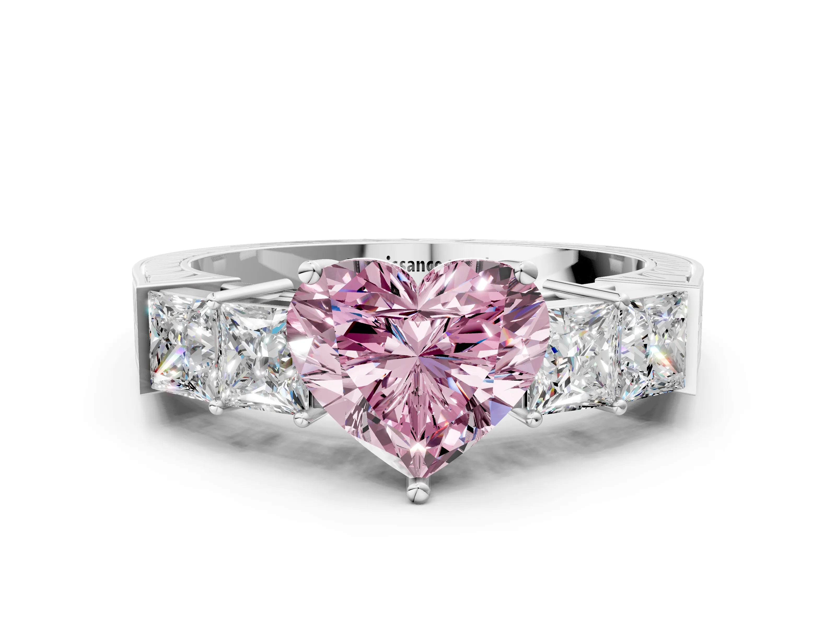 White gold Fancy Pink Heart Cut Solitaire Princess Side Stone Engraved Band Prong Setting Ring