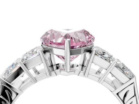 White gold Fancy Pink Heart Cut Solitaire Princess Side Stone Engraved Band Prong Setting Ring_4