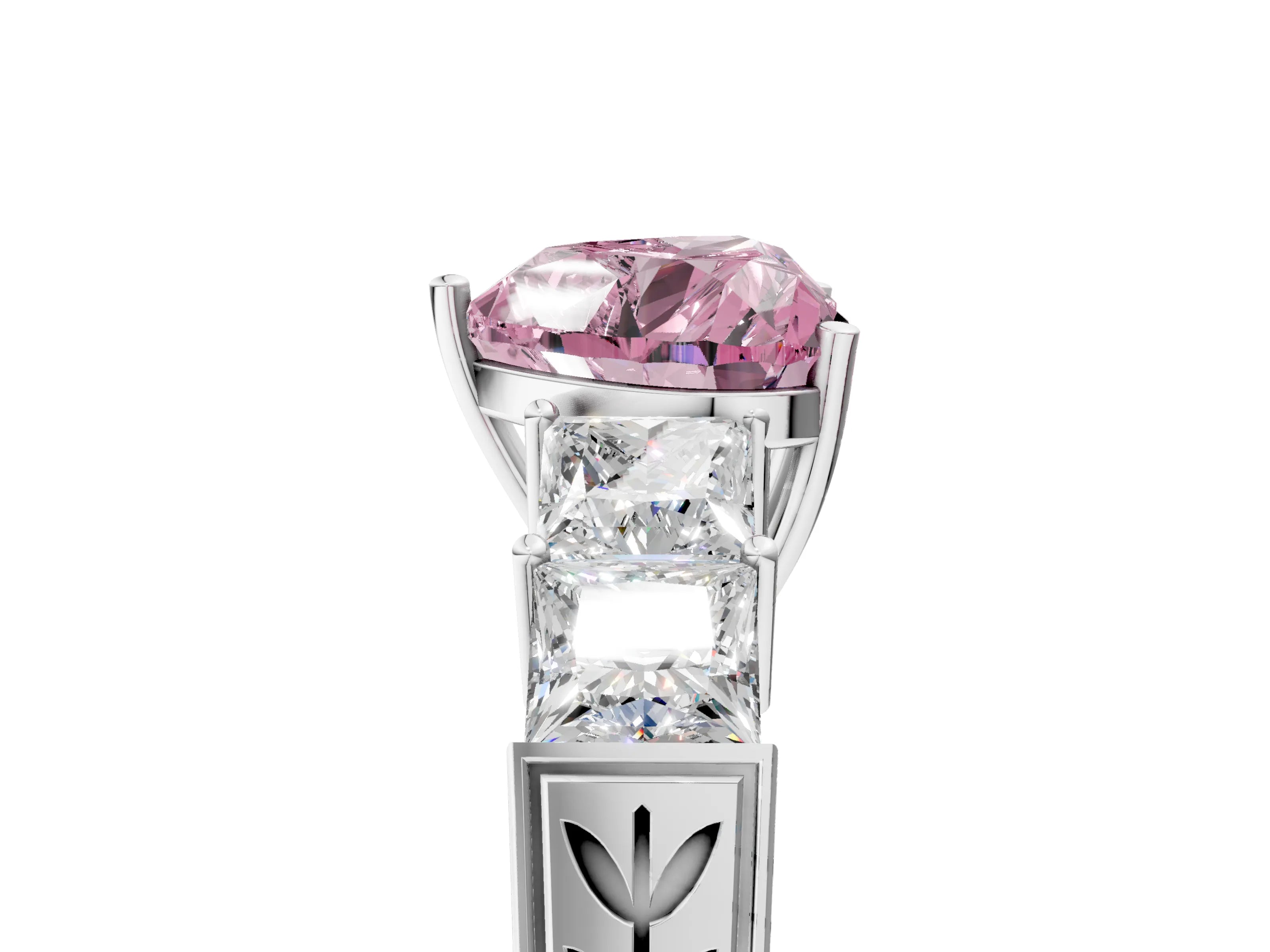 White gold Fancy Pink Heart Cut Solitaire Princess Side Stone Engraved Band Prong Setting Ring_5