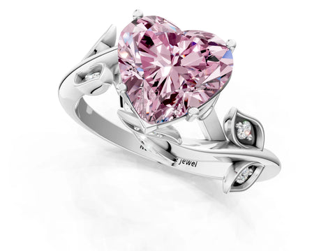 White gold Fancy Pink Heart Cut Solitaire Twist Engagement Ring with Leaf Accents and Prong Setting_13