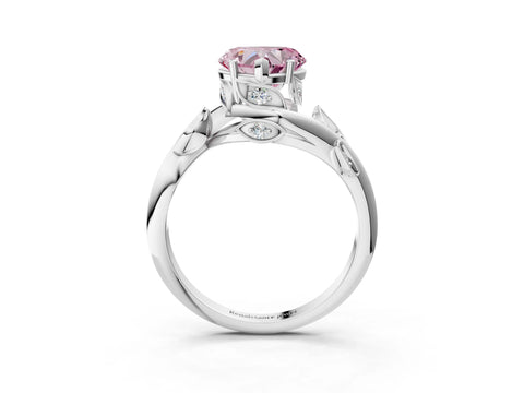 White gold Fancy Pink Heart Cut Solitaire Twist Engagement Ring with Leaf Accents and Prong Setting_15