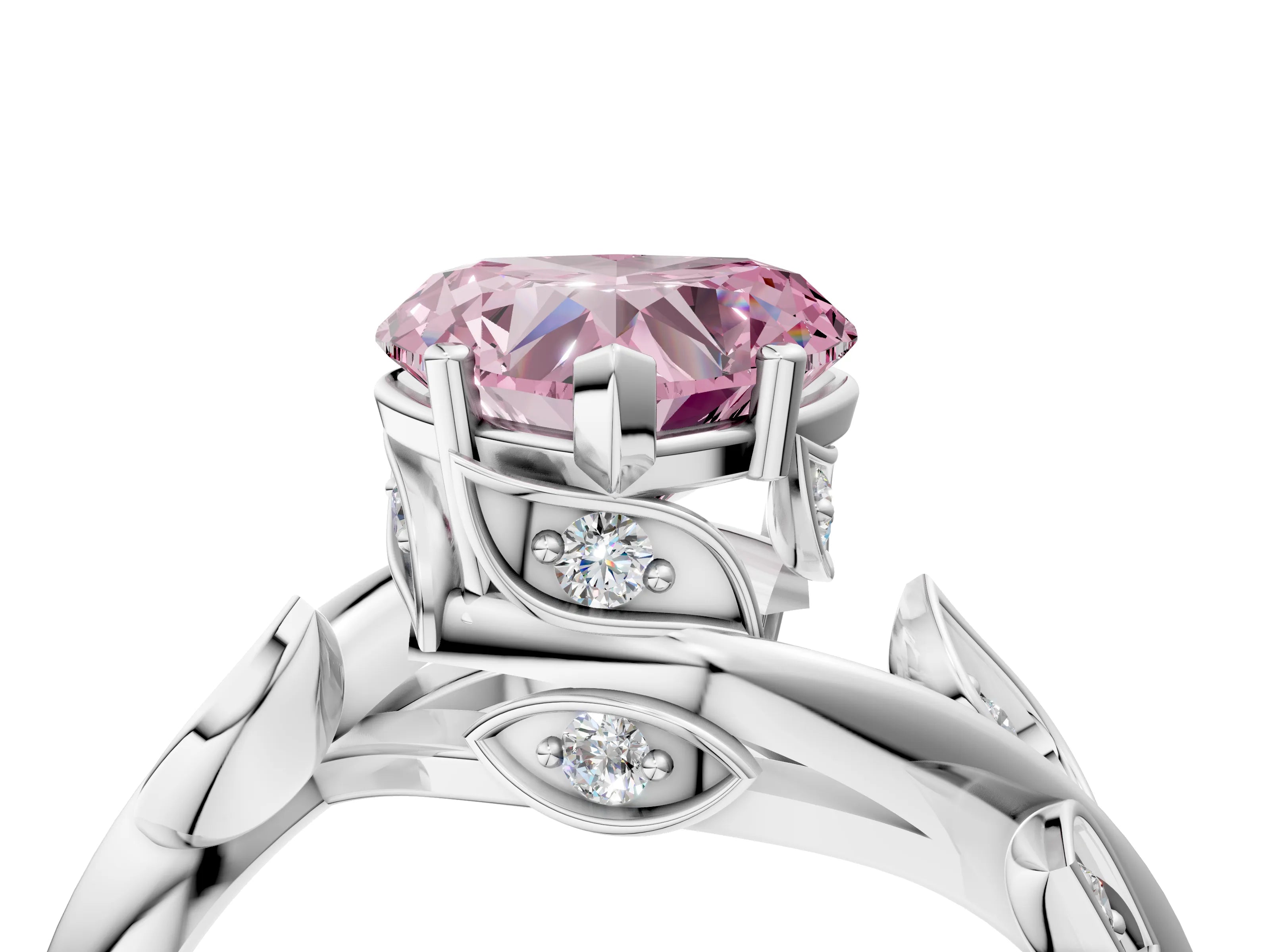 White gold Fancy Pink Heart Cut Solitaire Twist Engagement Ring with Leaf Accents and Prong Setting_16