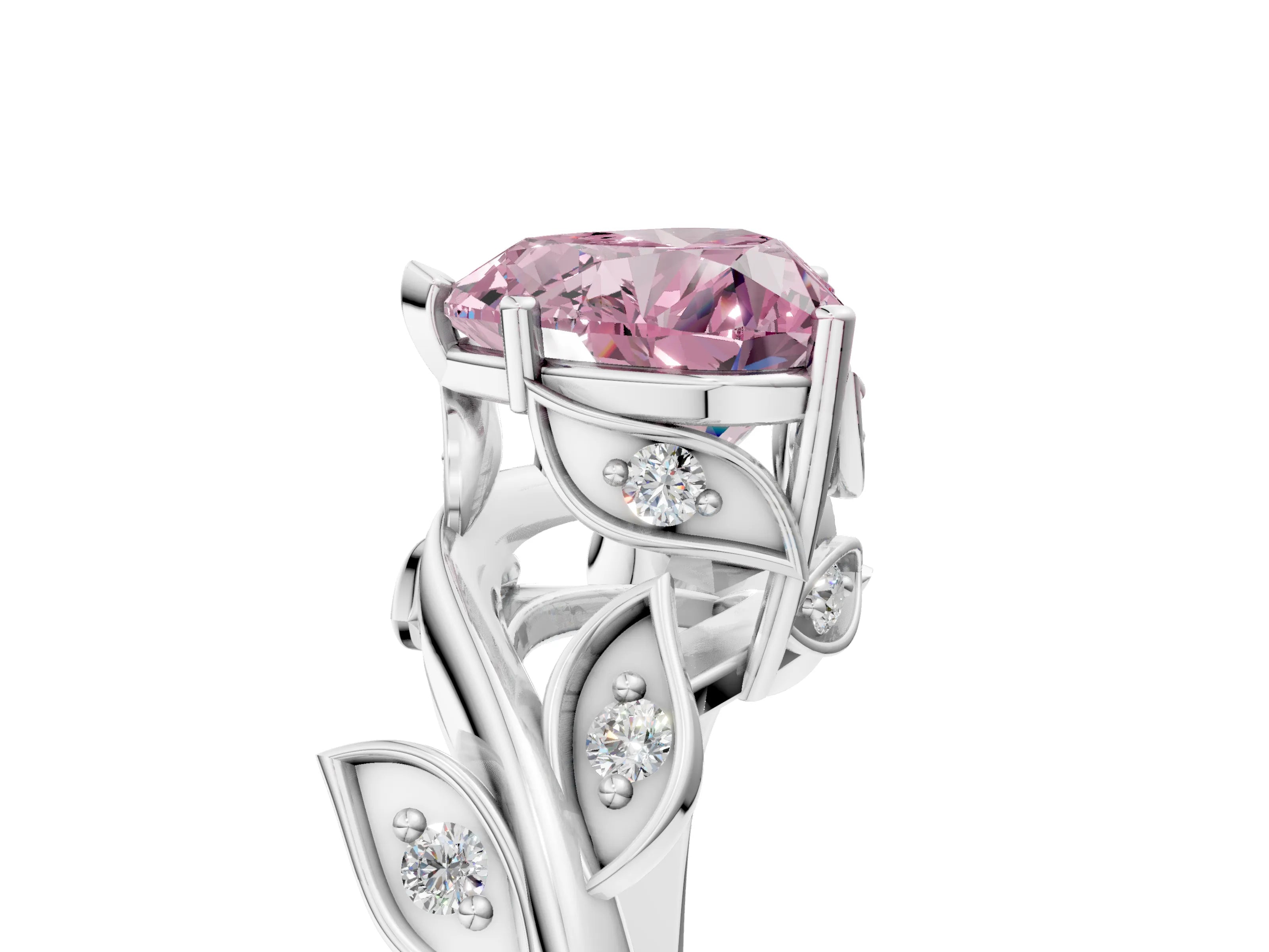 White gold Fancy Pink Heart Cut Solitaire Twist Engagement Ring with Leaf Accents and Prong Setting_17