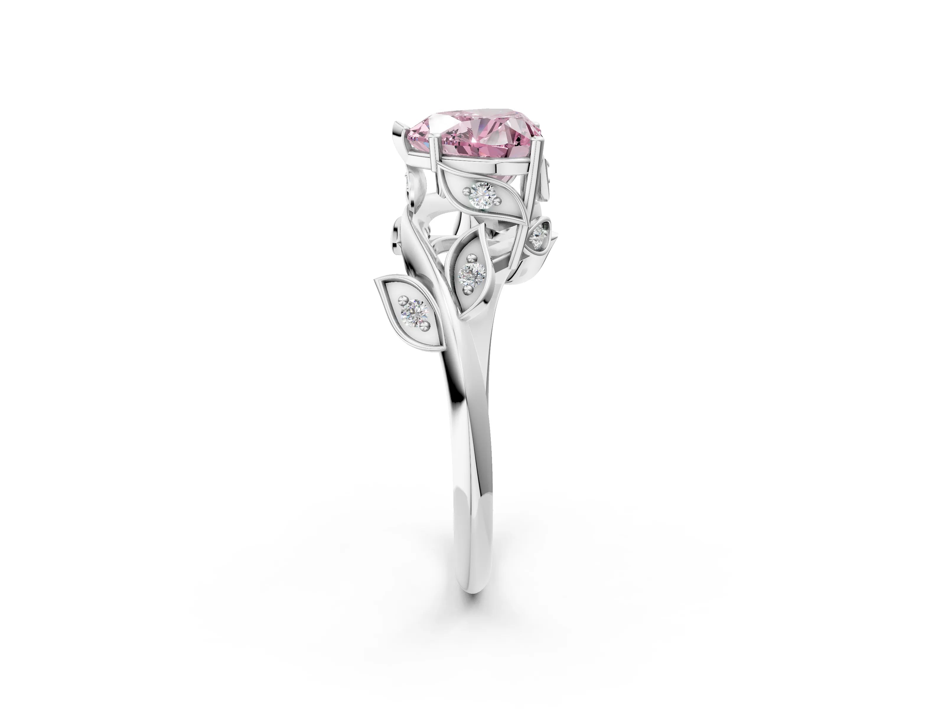 White gold Fancy Pink Heart Cut Solitaire Twist Engagement Ring with Leaf Accents and Prong Setting_2
