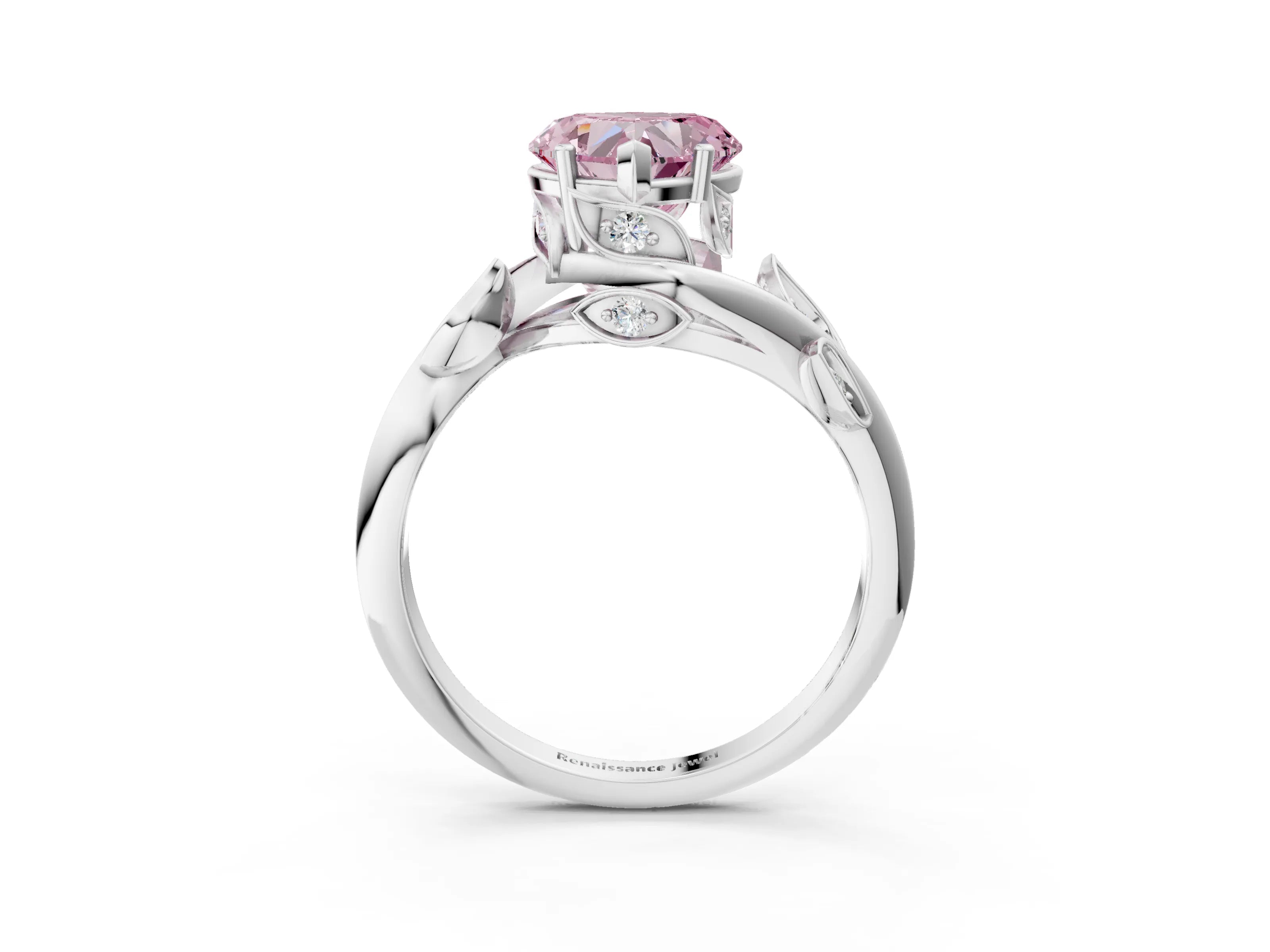 White gold Fancy Pink Heart Cut Solitaire Twist Engagement Ring with Leaf Accents and Prong Setting_3