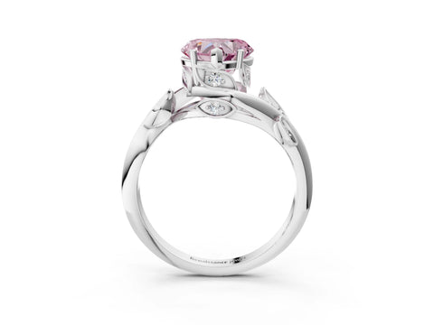 White gold Fancy Pink Heart Cut Solitaire Twist Engagement Ring with Leaf Accents and Prong Setting_3