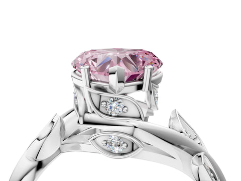 White gold Fancy Pink Heart Cut Solitaire Twist Engagement Ring with Leaf Accents and Prong Setting_4