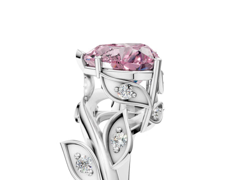 White gold Fancy Pink Heart Cut Solitaire Twist Engagement Ring with Leaf Accents and Prong Setting_5