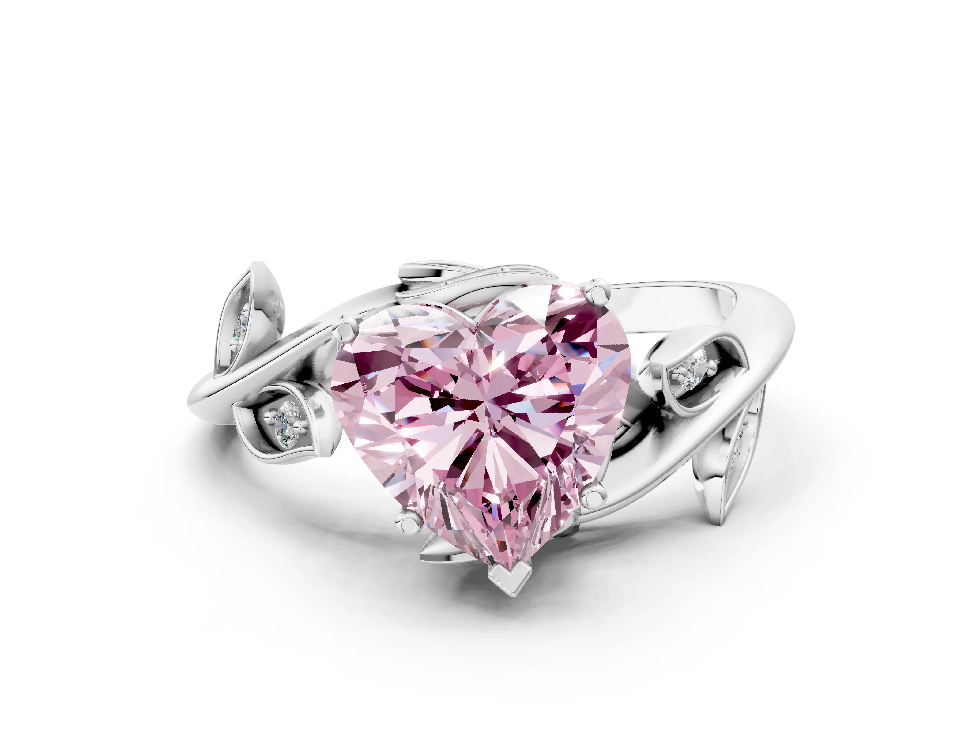 White gold Fancy Pink Heart Cut Solitaire Twist Engagement Ring with Leaf Accents and Prong Setting