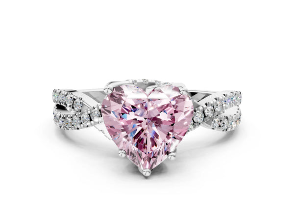 White gold Fancy Pink Heart Cut Solitaire Twist Pave Diamond Engagement Ring with Prong Setting