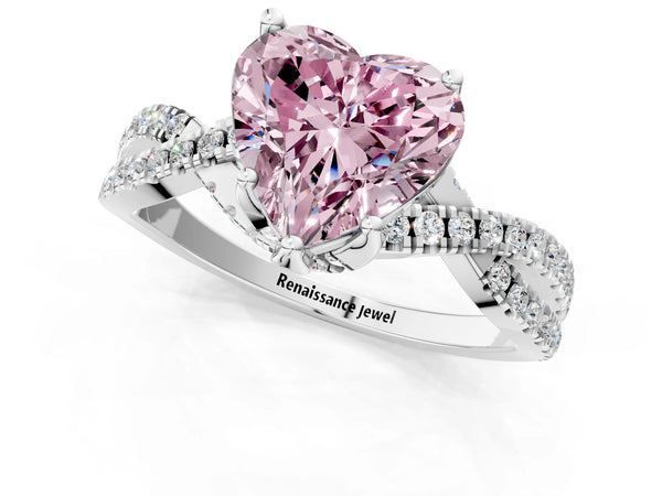 White gold Fancy Pink Heart Cut Solitaire Twist Pave Diamond Engagement Ring with Prong Setting