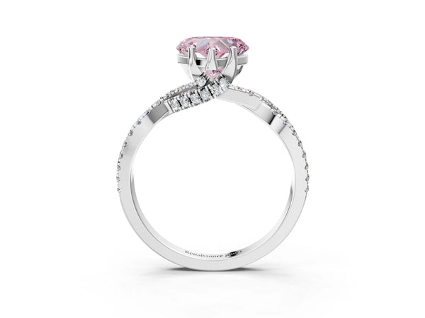 White gold Fancy Pink Heart Cut Solitaire Twist Pave Diamond Engagement Ring with Prong Setting