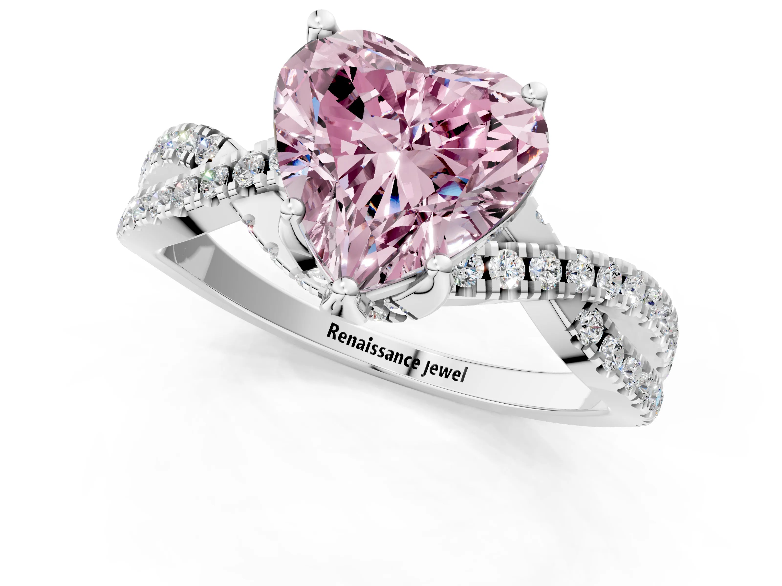 White gold Fancy Pink Heart Cut Solitaire Twist Pave Diamond Engagement Ring with Prong Setting_1