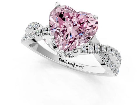 White gold Fancy Pink Heart Cut Solitaire Twist Pave Diamond Engagement Ring with Prong Setting_1