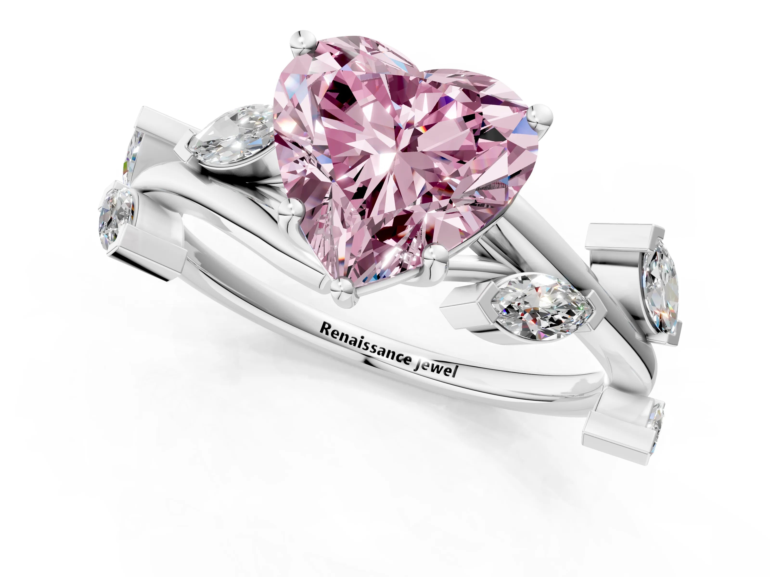 White gold Fancy Pink Heart Cut Solitaire Twisted Band Marquise Accent Prong Setting Ring_1