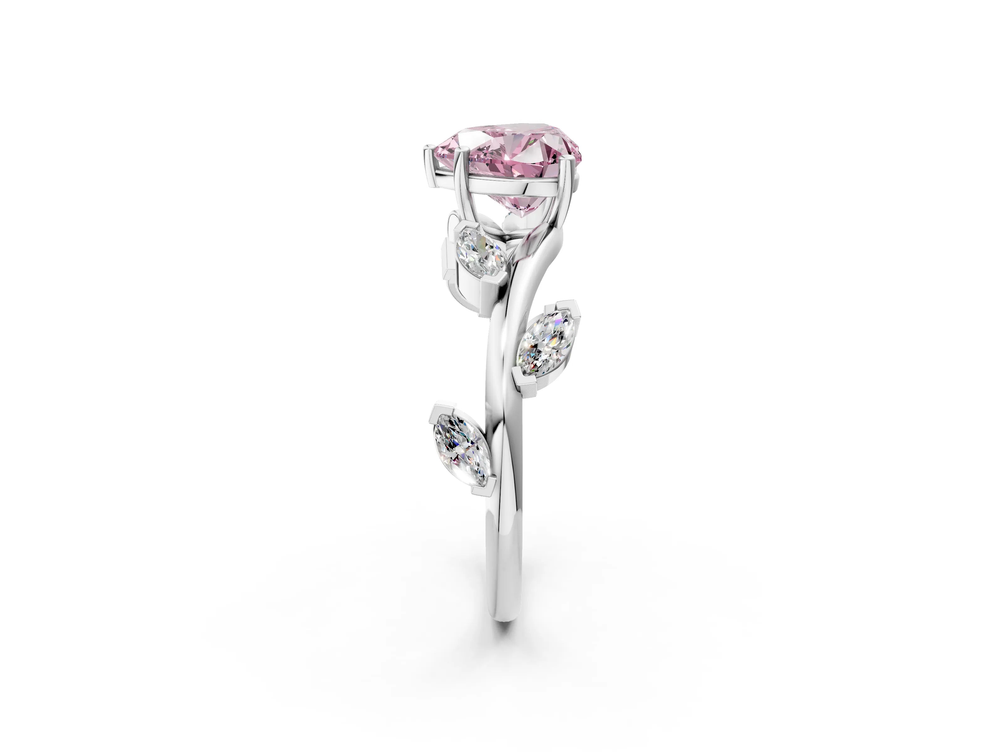 White gold Fancy Pink Heart Cut Solitaire Twisted Band Marquise Accent Prong Setting Ring_2