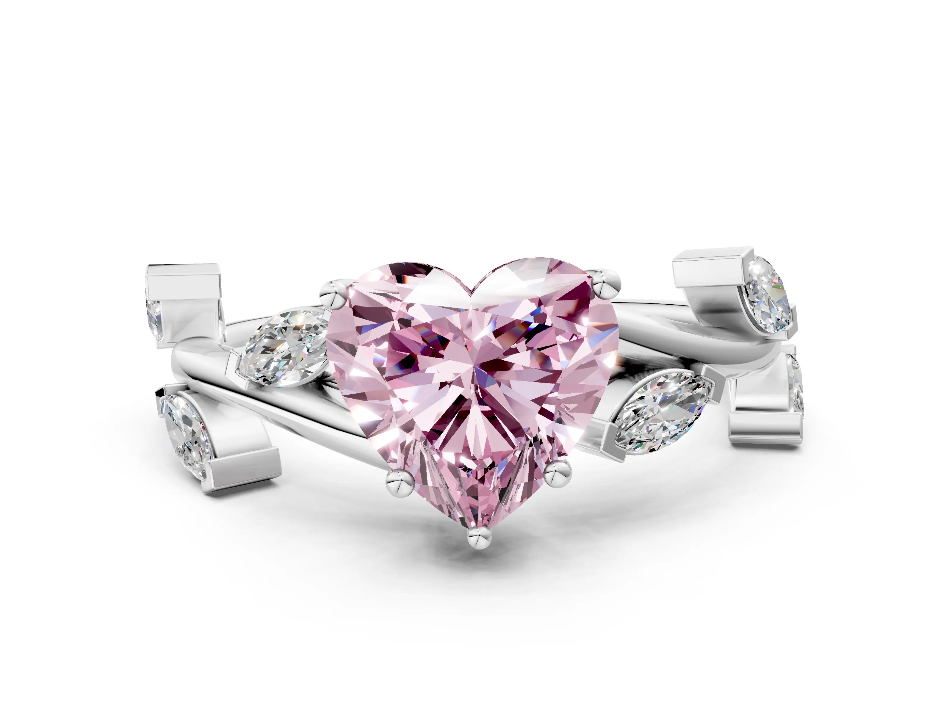White gold Fancy Pink Heart Cut Solitaire Twisted Band Marquise Accent Prong Setting Ring