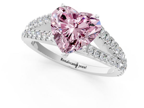 White gold Fancy Pink Heart  Cut Split Shank Pave Diamond Engagement Ring with Four-Prong Setting