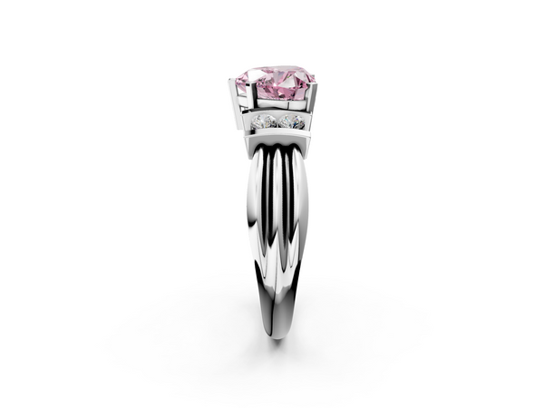 White gold Fancy Pink Heart  Cut Three-Stone Channel Set Ring with Bar Prongs