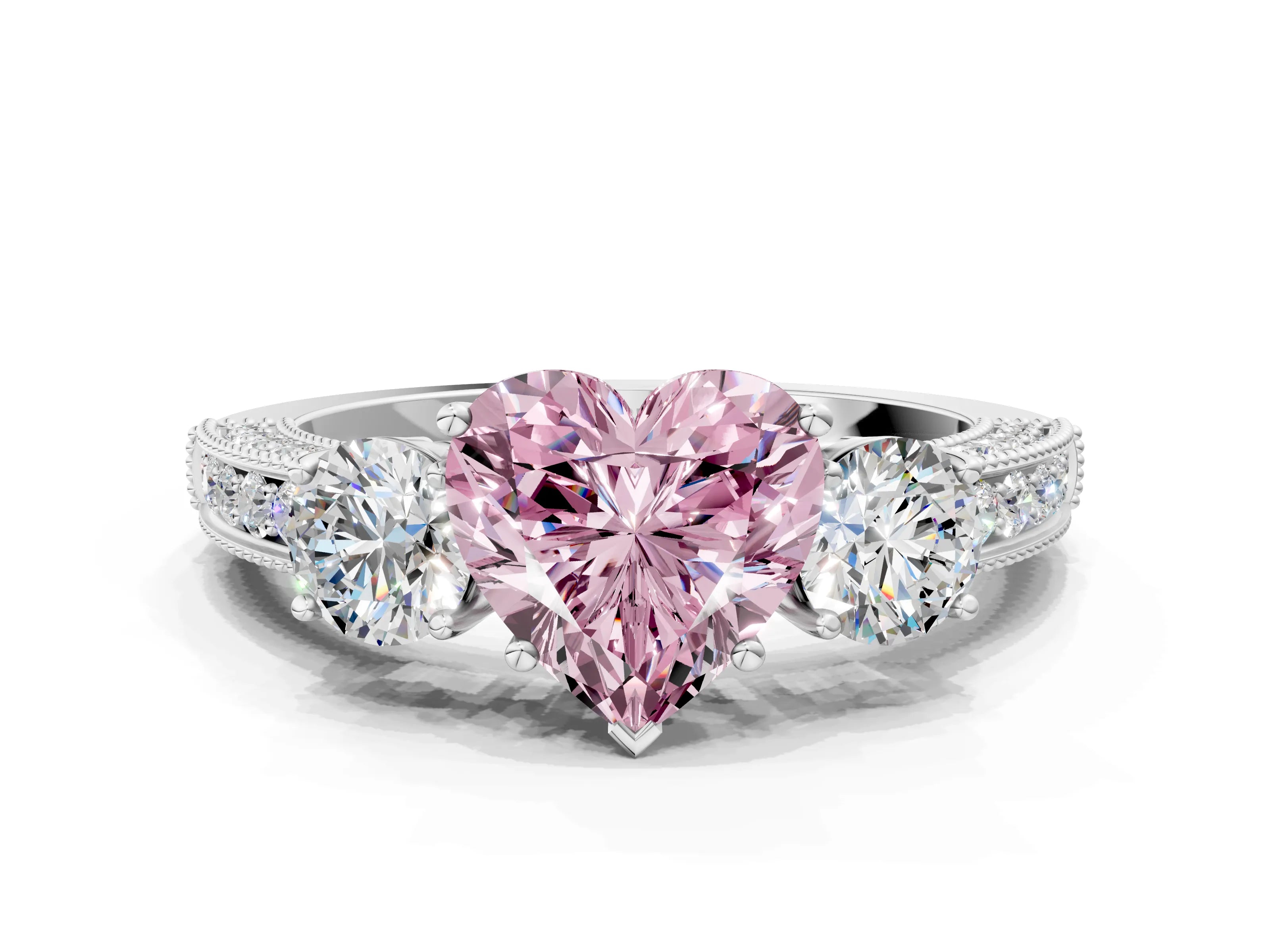 White gold Fancy Pink Heart Cut Three-Stone Diamond Ring with Pavé Band and Four-Prong Setting_12