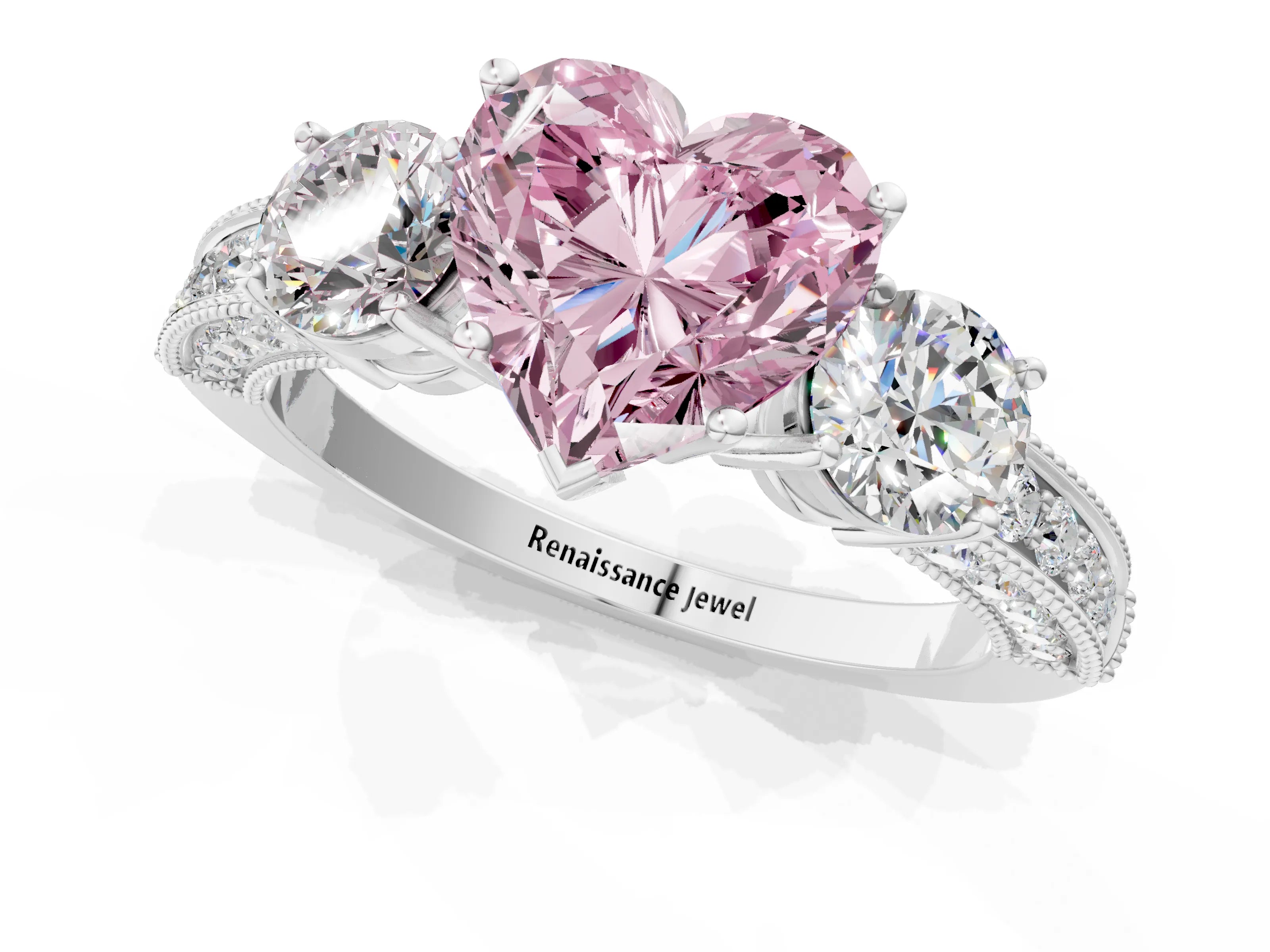 White gold Fancy Pink Heart Cut Three-Stone Diamond Ring with Pavé Band and Four-Prong Setting_13