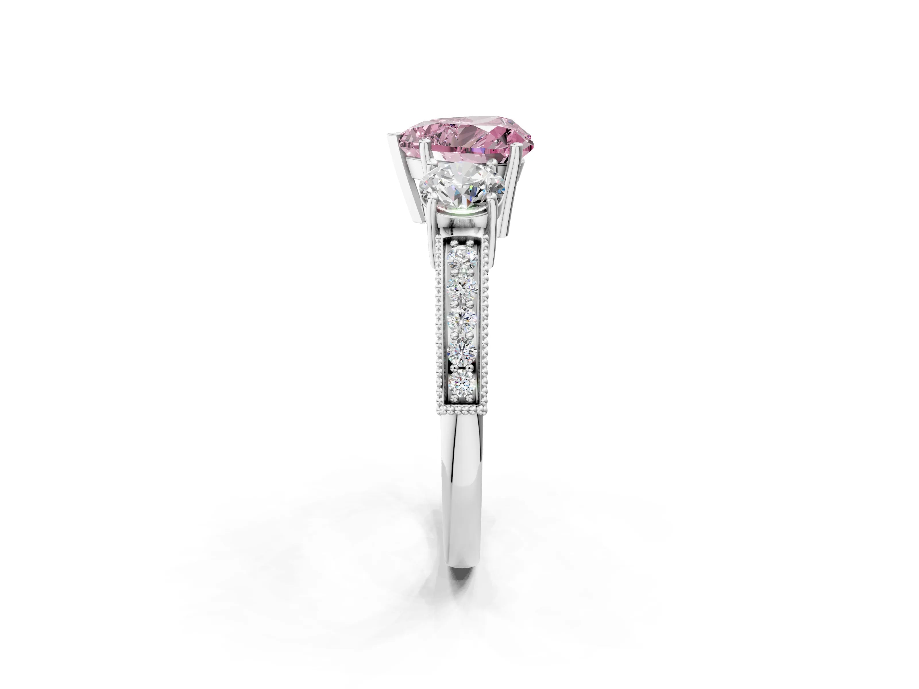 White gold Fancy Pink Heart Cut Three-Stone Diamond Ring with Pavé Band and Four-Prong Setting_14