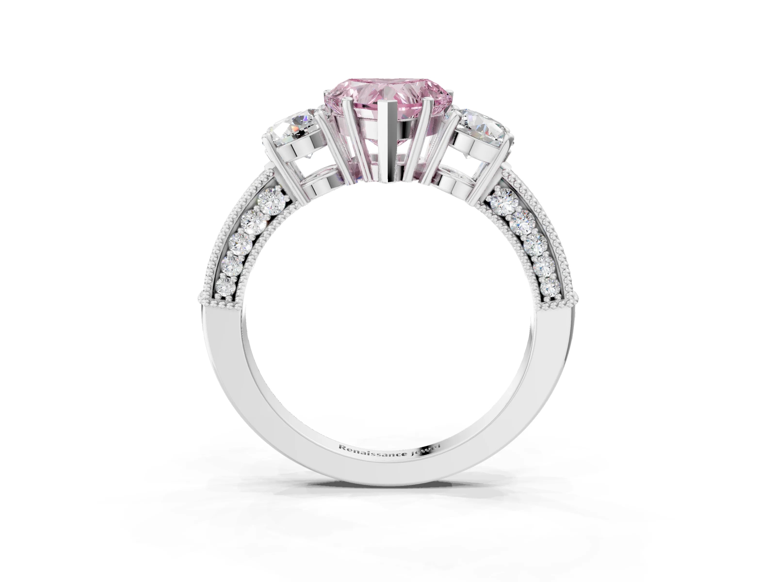 White gold Fancy Pink Heart Cut Three-Stone Diamond Ring with Pavé Band and Four-Prong Setting_15